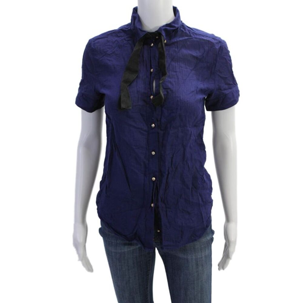 McQ Womens Short Sleeves Button Down Shirt Navy Blue Cotton Size EUR 42